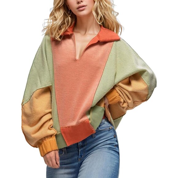 Yimoon Sweatshirt Women Gray Orange Long Sleeve Fleece Pullover V-Neck - Picture 1 of 6